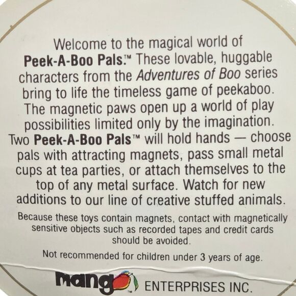 Peek-A-Boo Pals "Boo" Vintage Teddy Bear w/Tags Magnetic Hands for Creative Play - Picture 7 of 13